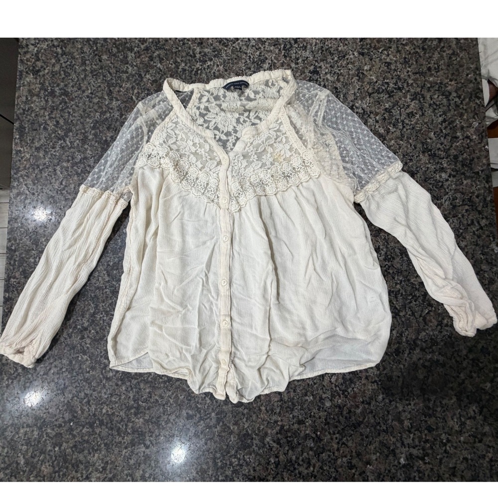 American Eagle Cream Lace Dot Mesh Long Sleeve Boho Button Front Blouse Large
